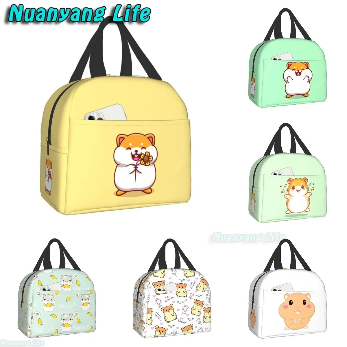 

Cute Hamster Holding Sun Flower Lunch Box Reusable Lunch Bag Work Bento Cooler Reusable Tote Picnic Boxes Insulated Container