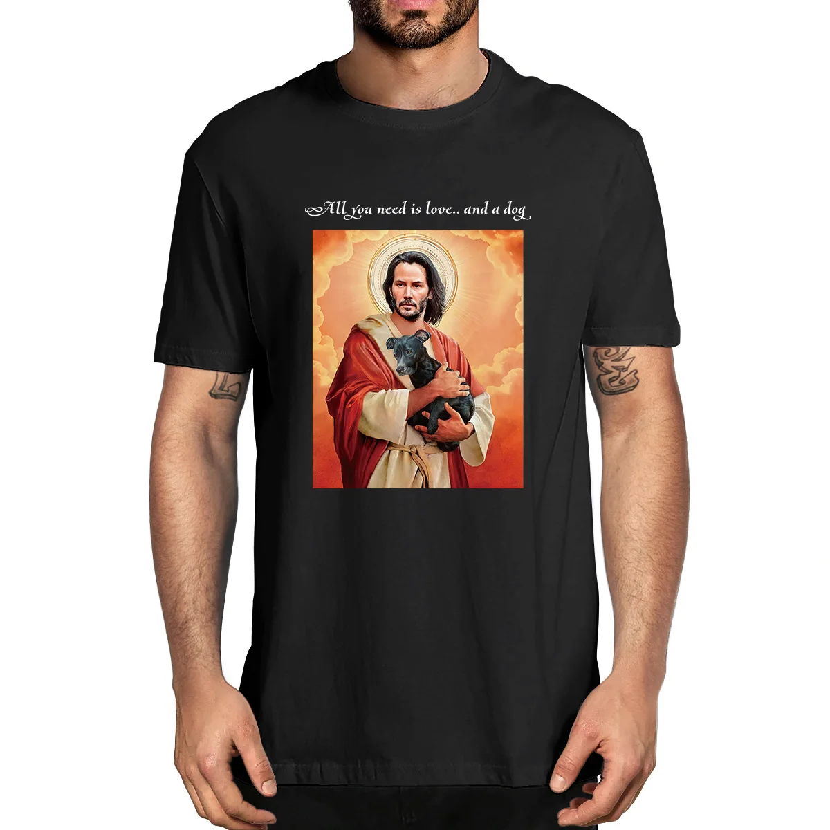 

Unisex Cotton All You Need Is Love And A Dog Keanu Reeves Jesus Poster Artwork Summer Men's Novelty T-Shirt Harajuku Streetwear