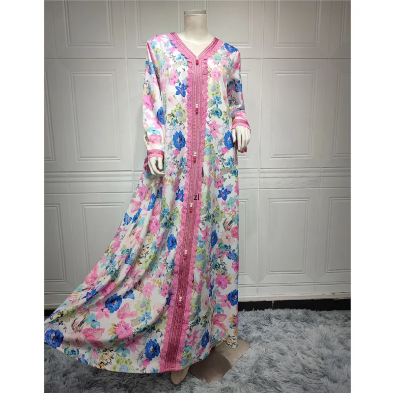 Elegant Jalabiya Floral Print Women Long Arabic Dress Moroccan Kaftan Dubai Abaya Evening Party Ball Gown Ramadan Muslim Robe