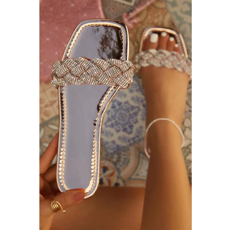 

Женские пляжные шлепанцы со стразами, сандалии на плоской подошве с открытым носком, Повседневная Уличная обувь, большие размеры, лето 2022