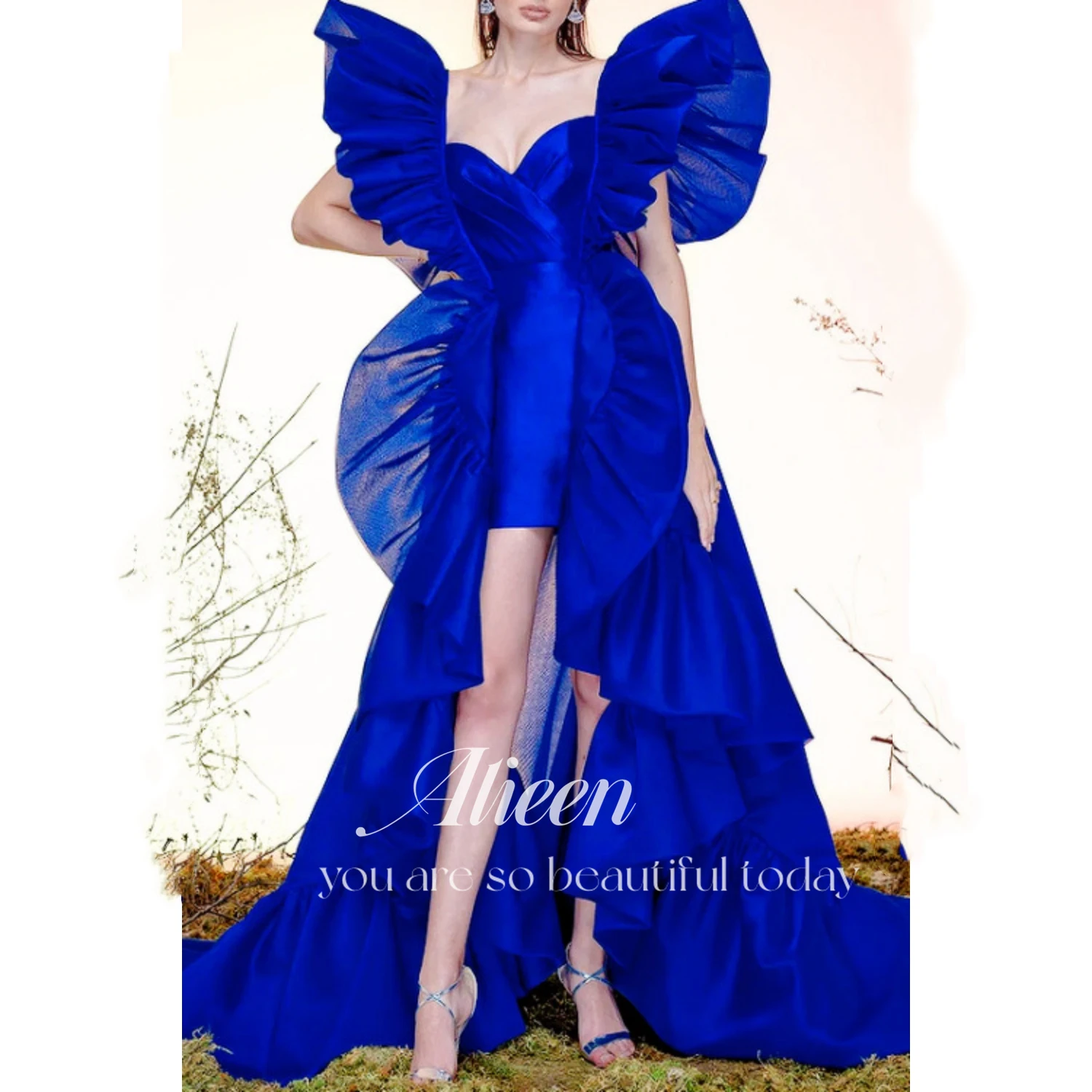 

Aileen Blue Short Prom Dresses Arabic Women Vintage Party Dress V Neck Cap Ruffles Sleeves Tiered Taffeta Dubai Cocktail Formal