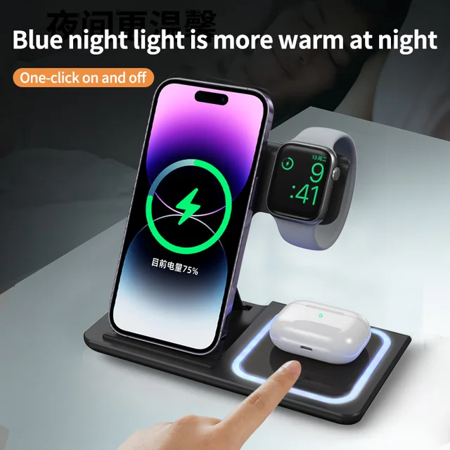 3 in 1 Induction Wireless Charger Stand Qi 15W for IPhone13 12 11 8 Pro XR XsMax Apple Watch SE6 5 4 3 AirPods Foldable Charging 4
