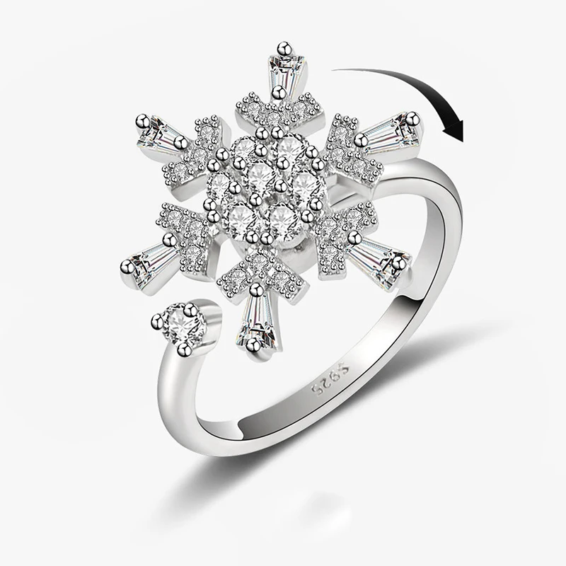 Fashion Personality Rotatable Snowflake Rings For Women Shiny Micro Crystal Paved Relaxing Fascinating Jewelry Snow Festival