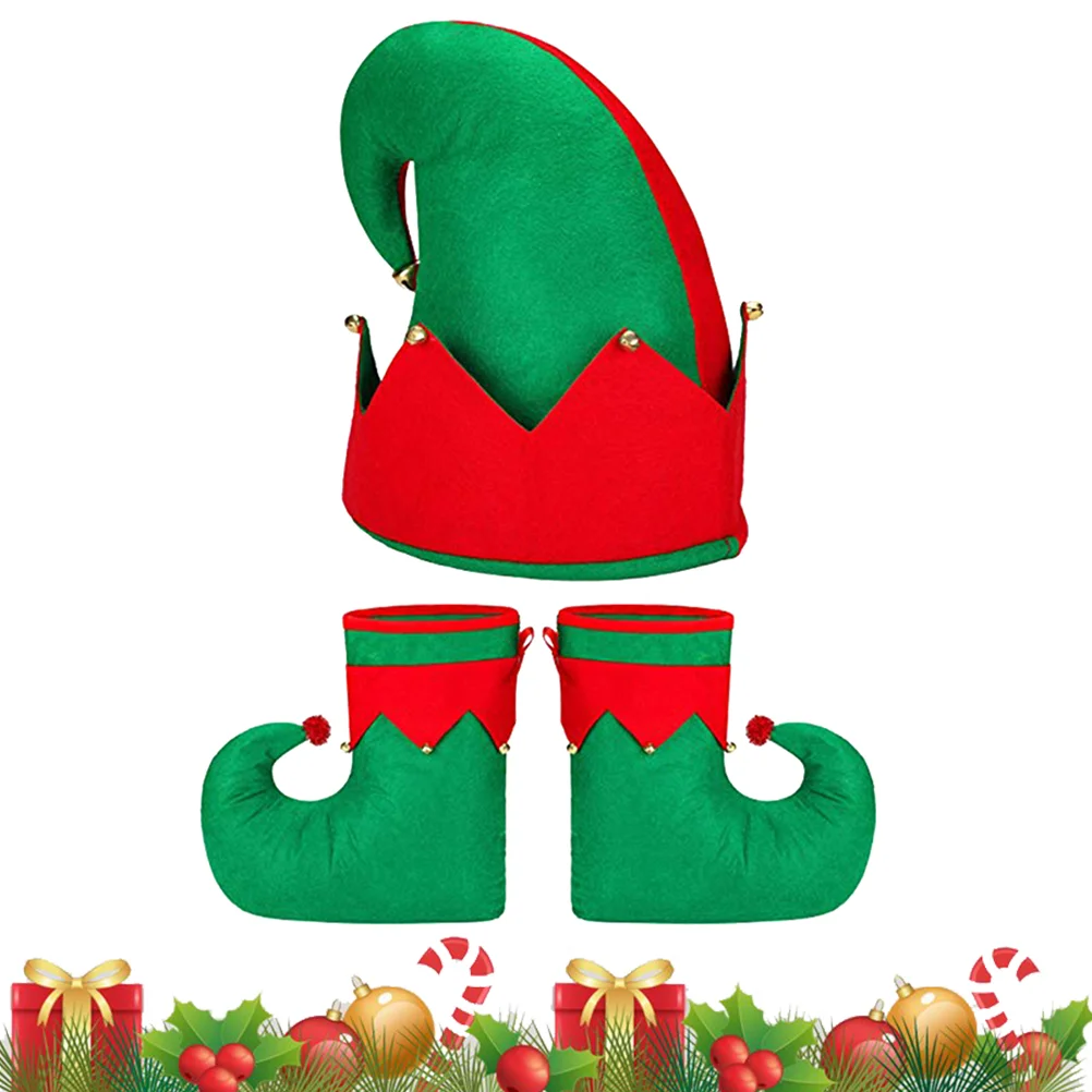 

3pcs Christmas Party Costume Elf Shoes Hat Elf Costume (Red Green)