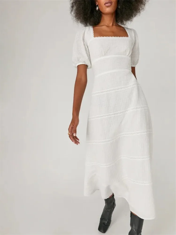 

Women's White Lace Trim Mid-calf Dress Square Collar 2022 Spring/Summer Lace-up Backless High Waist Female Temperament Robe