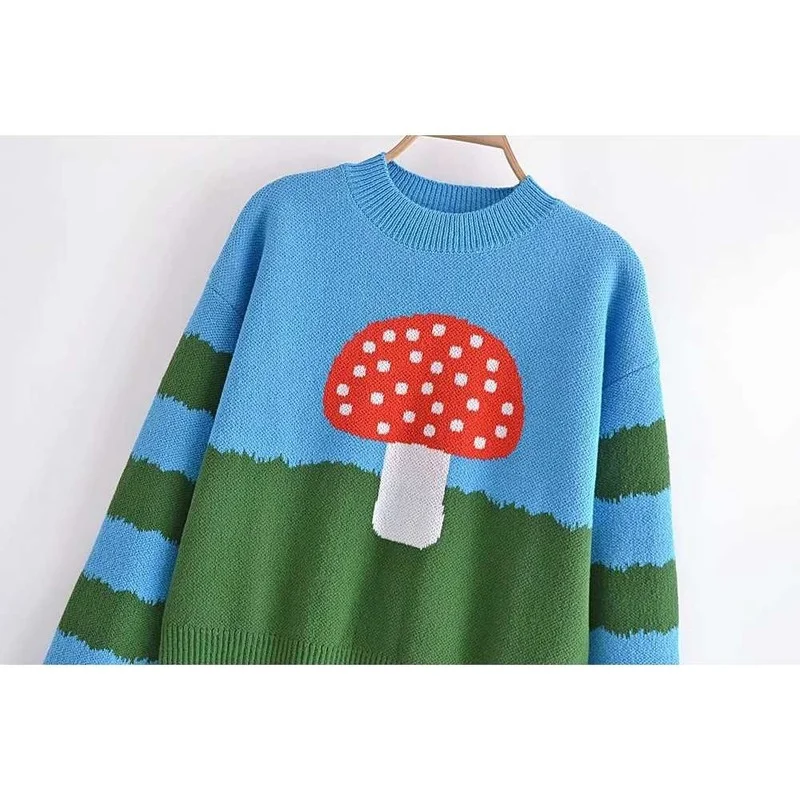 New Fashion Cartoon Mushroom Knitted Sweater 2021 Women Preppy Style O-Neck Long Sleeve Pullovers Spring Autumn Casual Jumpers