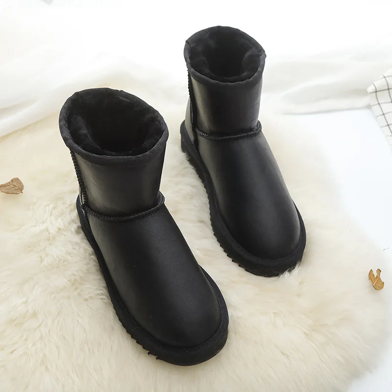 

Women Leather Boots Slip On 100% Natural Fur Snow Boots Classic Australia Winter Boots Real Sheepskin Ankle Boots Rubber Soles