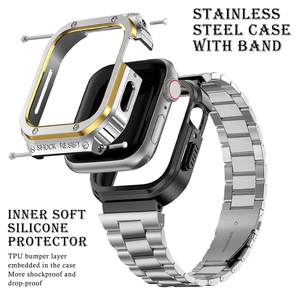 Stainless Steel Strap+Case For Apple Watch Band 45mm 44mm 44 45 mm Bumper frame Cover correa Accessories iwatch series 7 SE 6 8