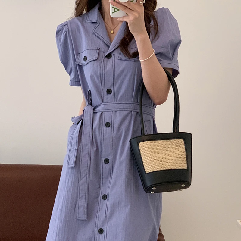 

Summer Fashion Commuter Long Dress Retro Lapel Top Line Design Single-breasted Tie Waist Puff Sleeve Dresses Women
