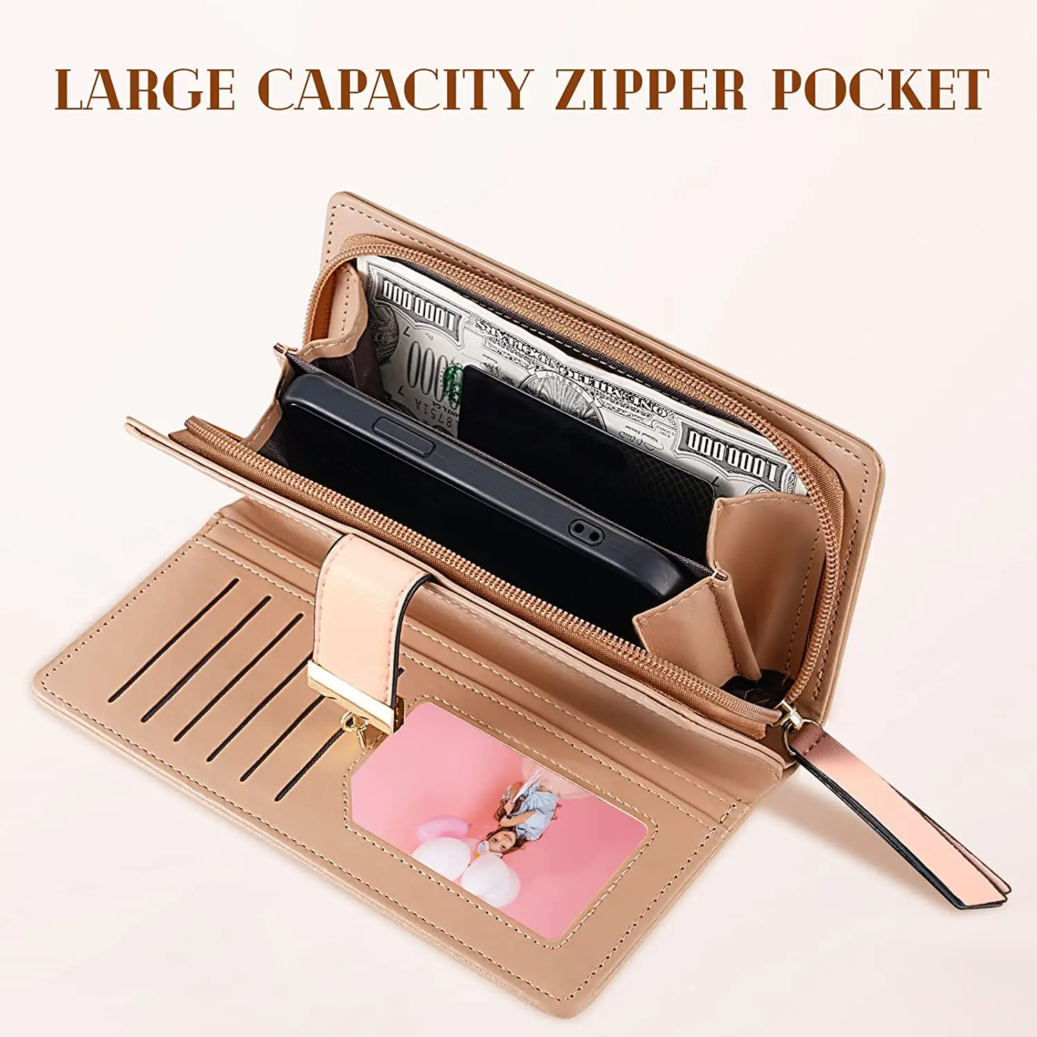Cute Chocolate Women's Long Leaf Bifold Wallet Leather Card Holder Purse Zipper Buckle Elegant Clutch Wallet Handbag for Women