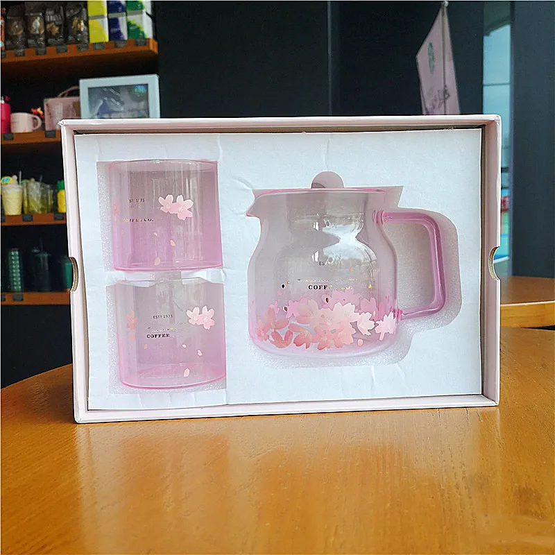 Summer New 570ml Pink Cherry Blossom Glass Pot Set Gift Box Set