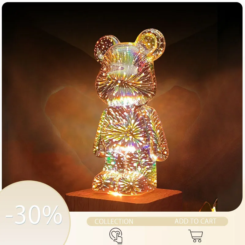 

Violent Bear Night Light Glass Fireworks 3d Led Night Lamp Home Bedroom Living Room Table Decorative Atmosphere Lamps Gift