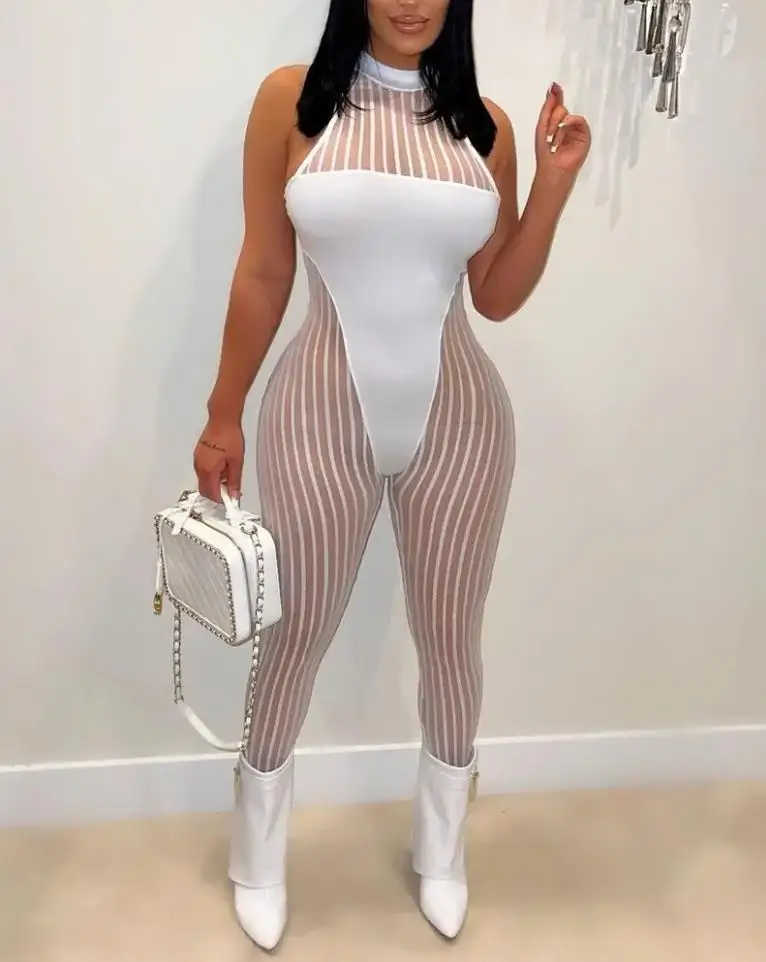 

Sexy Women's Summer Jumpsuit Mock Neck Sleeveless Sheer Mesh Plain Skinny Long Night Out Jumpsuit 2022 Latest Fashion