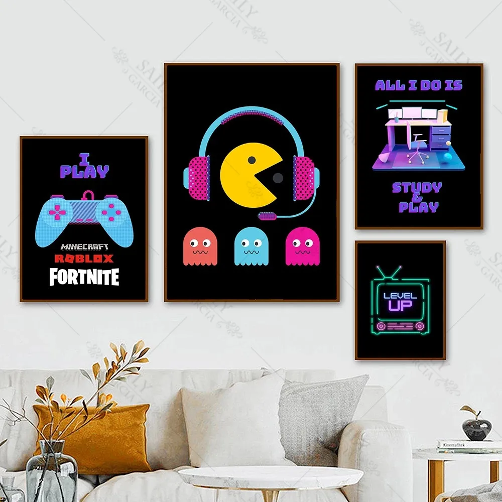 

Gamer Room Poster Decoration Canvas Painting Level Up Game Playstation Pictures Hd Prints Musical Headset Wall Art Boys Bedroom