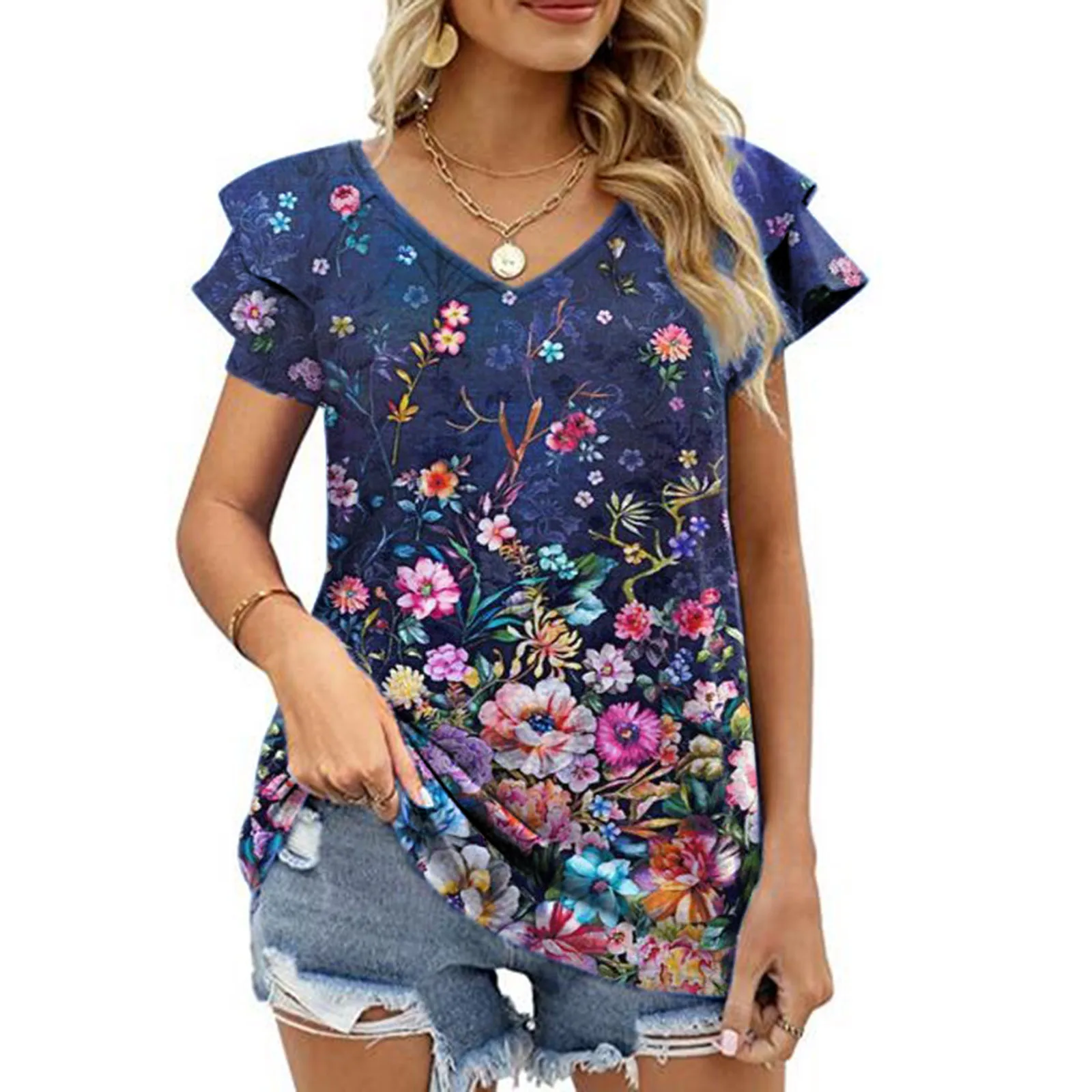 

Petal Sleeve Casual Summer Casual Neck Short Tops Sleeve Womens V Print Tshirts Women's T-Shirts Cotton Long Sleeve for Women