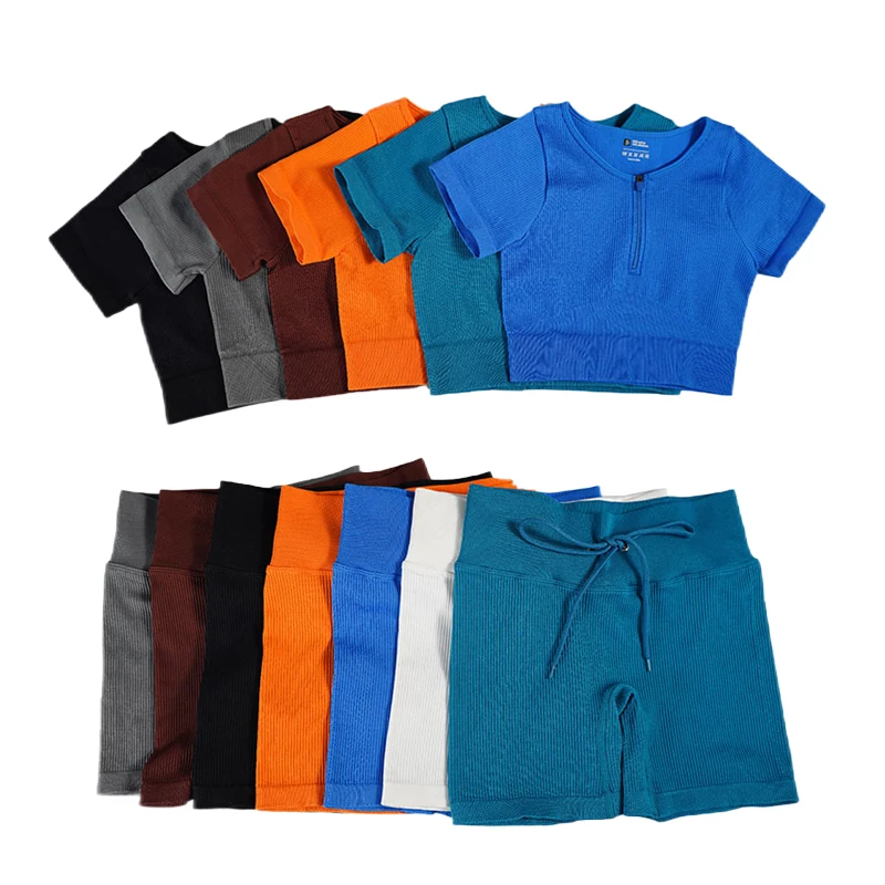 2PCS Seamless Women's Yoga Suit Fitness Suit Sports Underwear Suit High Waist Tights Short Sleeve Top Sports Fitness Yoga Suit