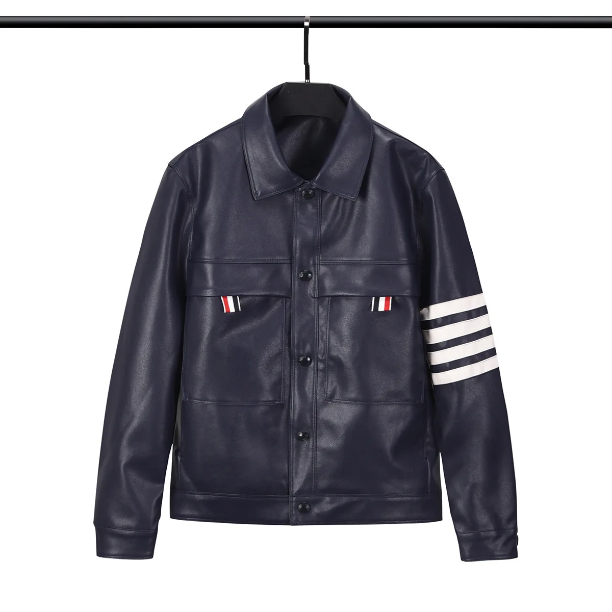 

Мужская кожаная куртка в полоску, с карманами и отложным воротником
