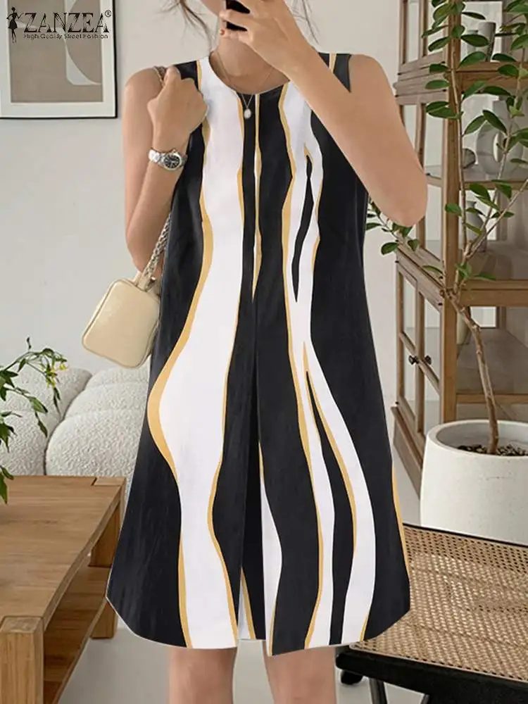 Женское летнее короткое платье-футляр ZANZEA 2024 без рукавов с круглым вырезом
