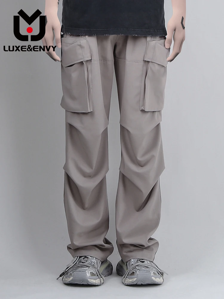 

LUXE&ENVY Large Pocket Work Suit Technology Fabric Western Pants Double Pleated Knee Slightly Ragged Gargo Loose Pants