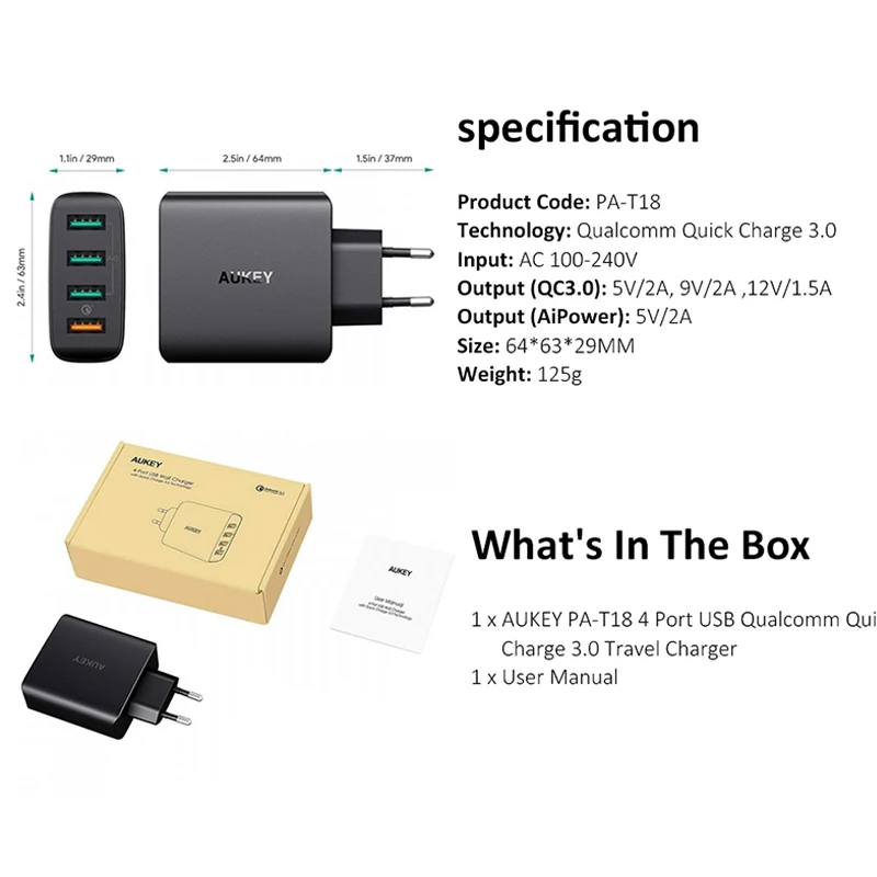 Зарядное устройство AUKEY PA-T18 быстрой зарядки на 42 Вт с европейской вилкой и 4 портами USB 3.0 для станции быстрой зарядки стенда для телефона/Huawei/xiaomi/Switch аксессуаров.