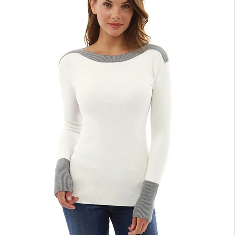 

Women Casual Long Sleeve Color Collision Knitting Sweater Blouse Winter Ladies O-Neck Sweater Women Casual Slim Sweaters