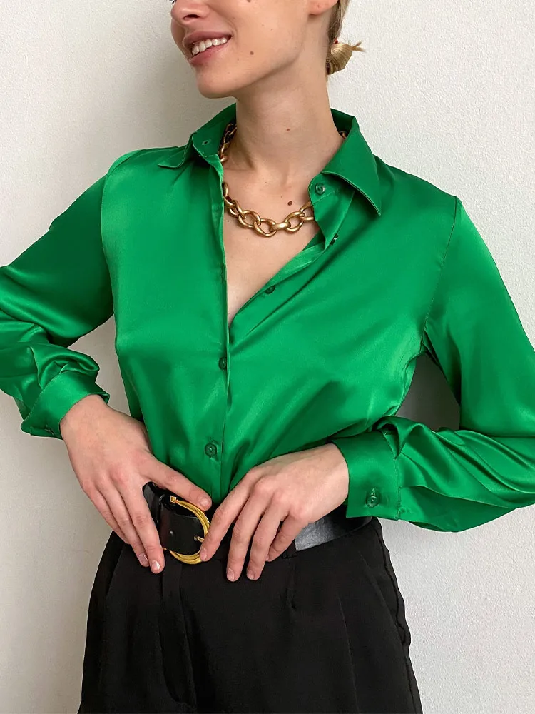 Атласная женская рубашка поло воротник элегантные офисные женские рубашки топы