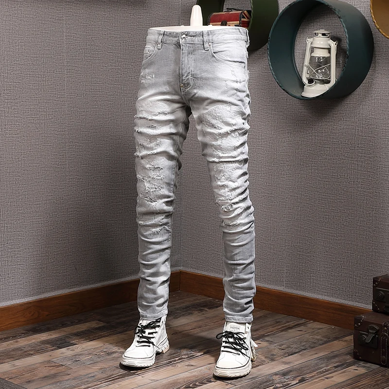Streetwear Fashion Men Jeans Retro Light Gray Stretch Slim Fit Destroyed Ripped Jeans Men Vintage Designer Brand Pants Hombre