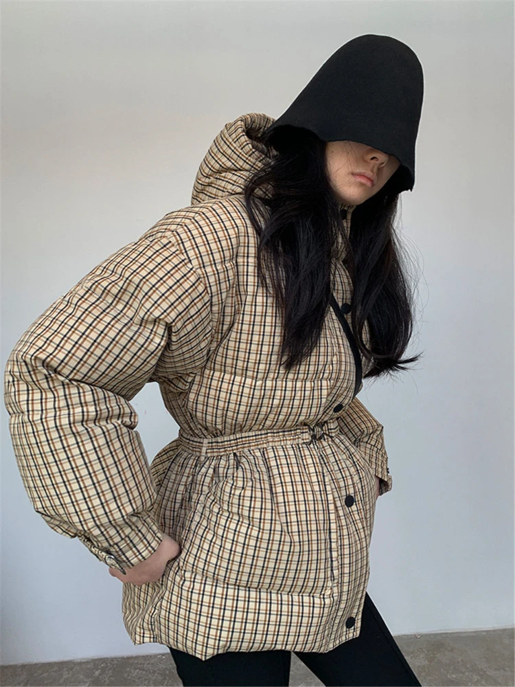 Winter Fashion Plaid Hooded Puffer Jackets Women 2022 Casual Thick Warm Loose Parkas Ladies Cotton Slim Midi Coats Streetwear