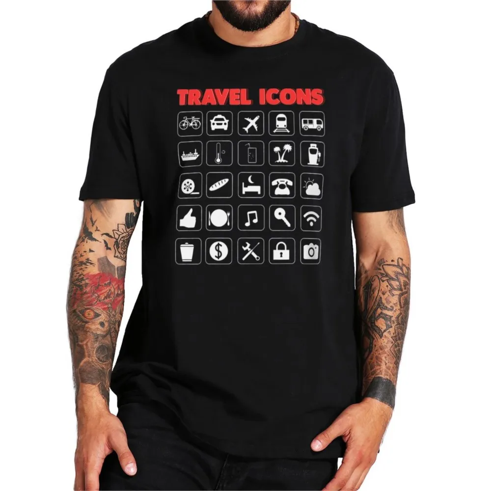 

Travel Icon T-Shirt Funny Speak With Icons Creative Tee Premium Soft 100% Cotton Summer Casual Tshirts EU Size