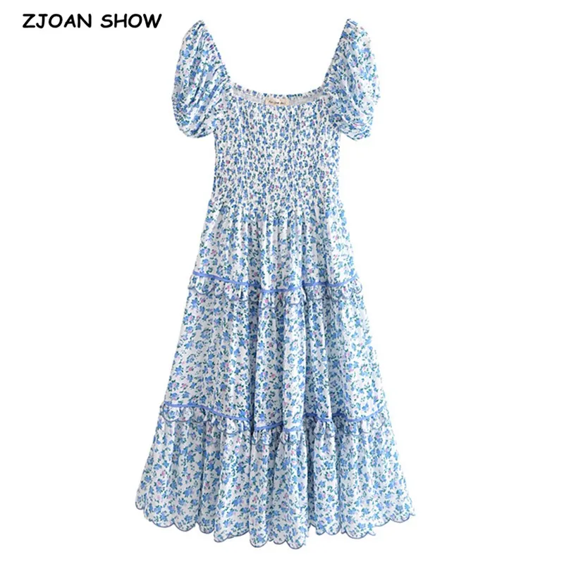 

Retro French Style Women White Blue Flower Print Short sleeve Dress Holiday Square Collar Elastic Body Spliced Ruffles Midi Robe