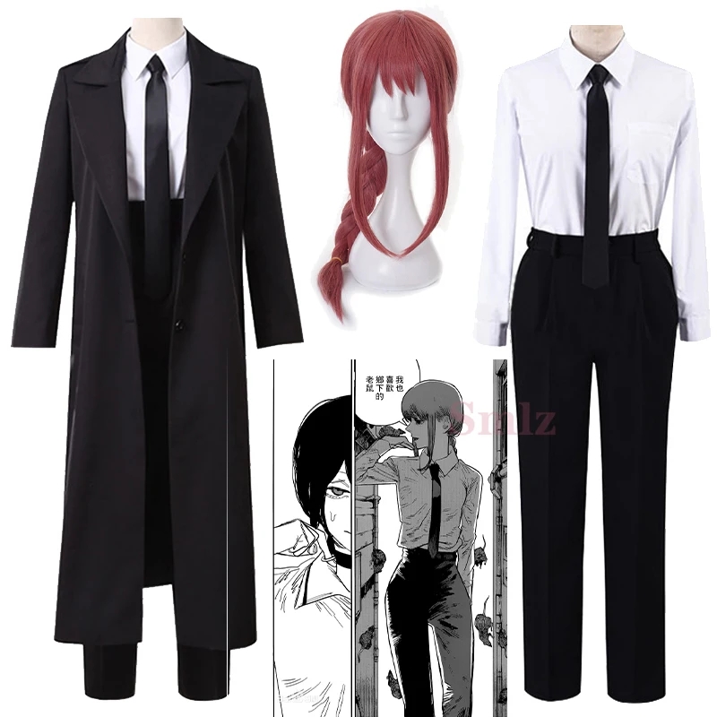 

Anime Chainsaw Man Makima Cosplay Costume Black Trench Uniform Shirt Tie Pants Red Braid Wig Halloween Party Men Women Suit