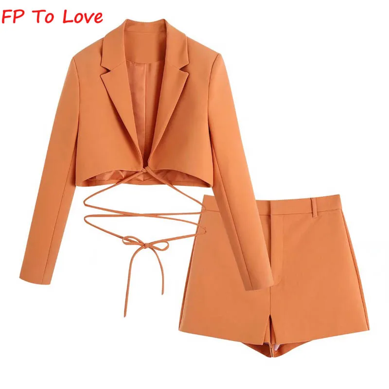 

Orange Belt Blazers Set Short Shirts Sashes Vintage Stylish Hollow Out 2022 Spring Summer New Arrivals Suit