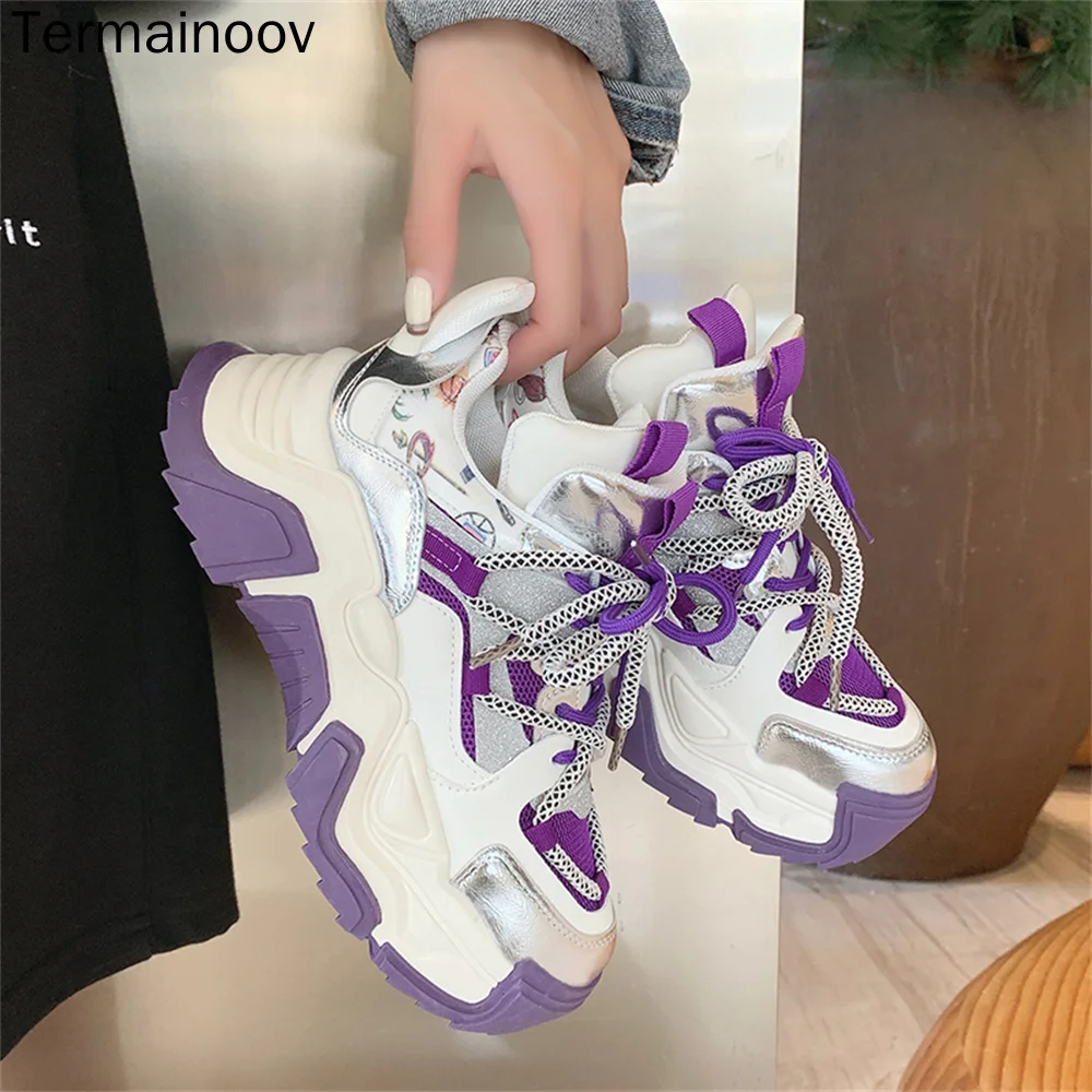 

Termainoov Casual Shoes Microfiber Cross Lace Up Women Sneakers Brand High Quality Running Shoes Platform Sneakers