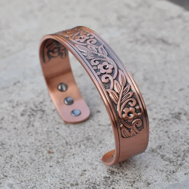 Czysta miedź bransoletki dla mężczyzn kobiety regulowany mankiet etniczny wzór kwiatowy magnetyczne zapalenie stawów zdrowie wysoki magnes