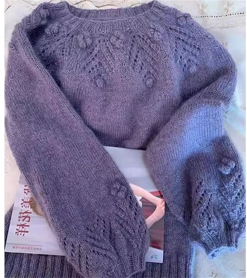 

Limiguyue 3D Цветочный фиолетовый кашемировый женский свитер осень зима вязаный крючком Свободный вязаный пуловер мягкий ажурный шерстяной джемпер E117