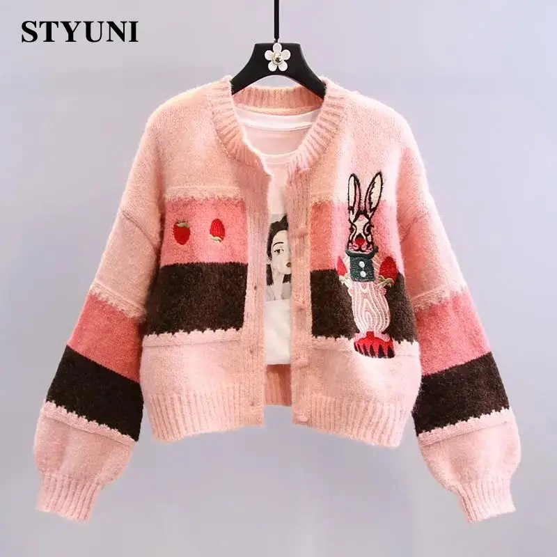 

Rabbit Embroidery Cartoon Cute Style Knitted Women's Sweater Cardigan Round Neck Korean Fashion Short Jacket Coat Cardigans 2022