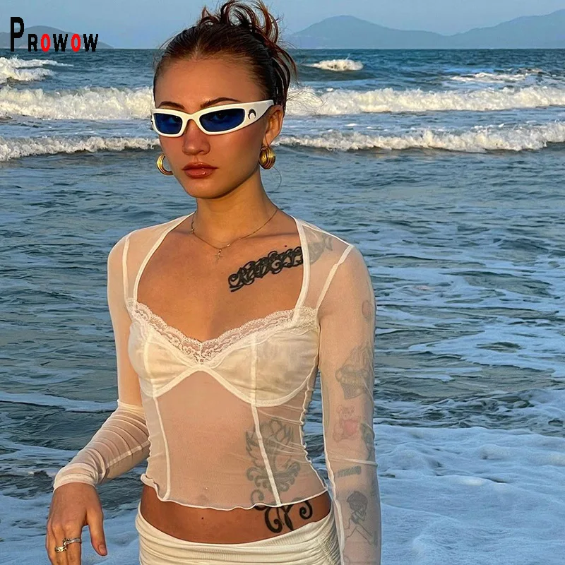 

Сексуальные женские рубашки Prowow, прозрачные сетчатые летние топы с длинным рукавом, одежда для вечерние ринки, ночного клуба, Тонкий Кружев...