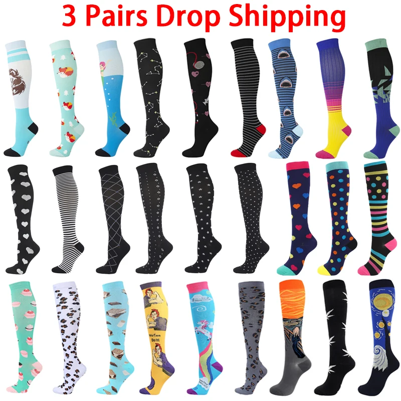 

3 Pairs Drop Shipping Nurse Compression Socks Varicose Veins Women Men Knee High 20-30 MmHg Edema Diabetes Running Sports Socks