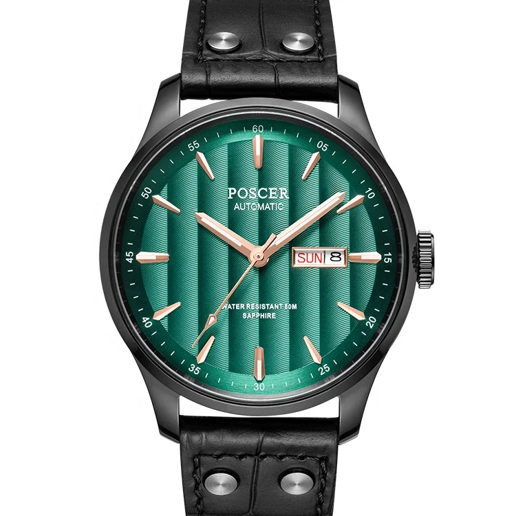 

5ATM waterproof luxury green dial sapphire crystal watch men's skeleton week calendar automatic luminous mechanical watch