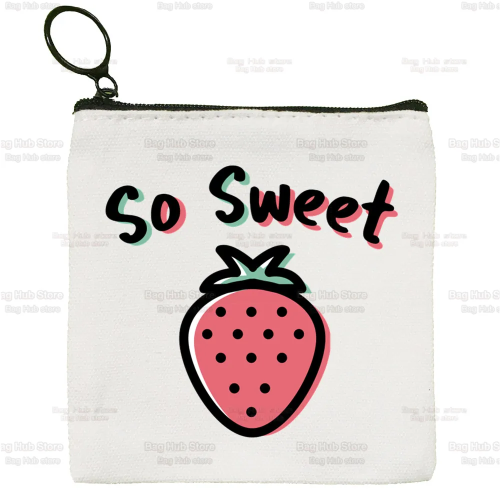 Japan Strawberry Juice Simple Canvas Coin Purse Cute Graphic Aesthetic Strawberry Cartoon Key Case Lady Bag Coin Storage Bag
