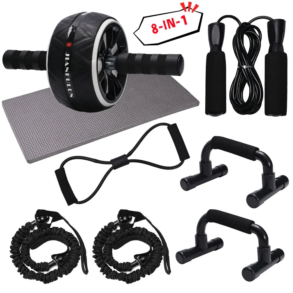 

8-in-1 Ab Roller Wheel Kit Exercise Roller Wheel Kit with Push-Up Bar Knee Mat Jump Rope and Resistance Bands Core Strength