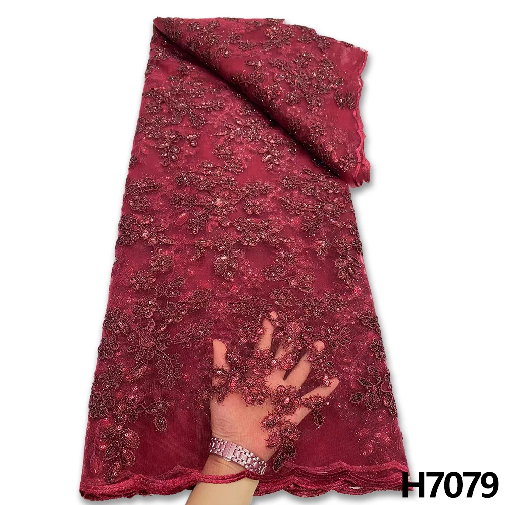 

Wine French Lace Fabric 2022 High Quality Tulle Lace African Net Sequin Lace Fabric For Nigerian Wedding Party Dresses HJ7079