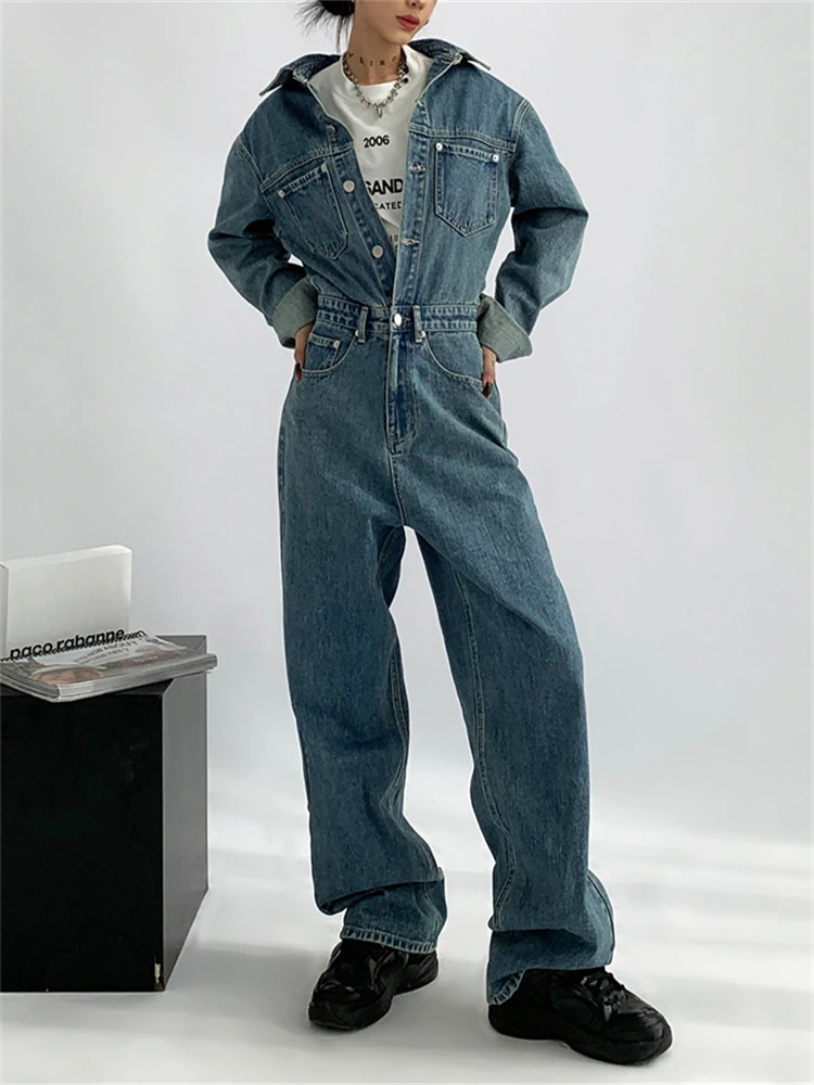 Retro Blue Washed Aged Denim Jumpsuits Womens Spring Autumn New Loose Single-breasted Long-sleeve Jean One-piece Trousers Female