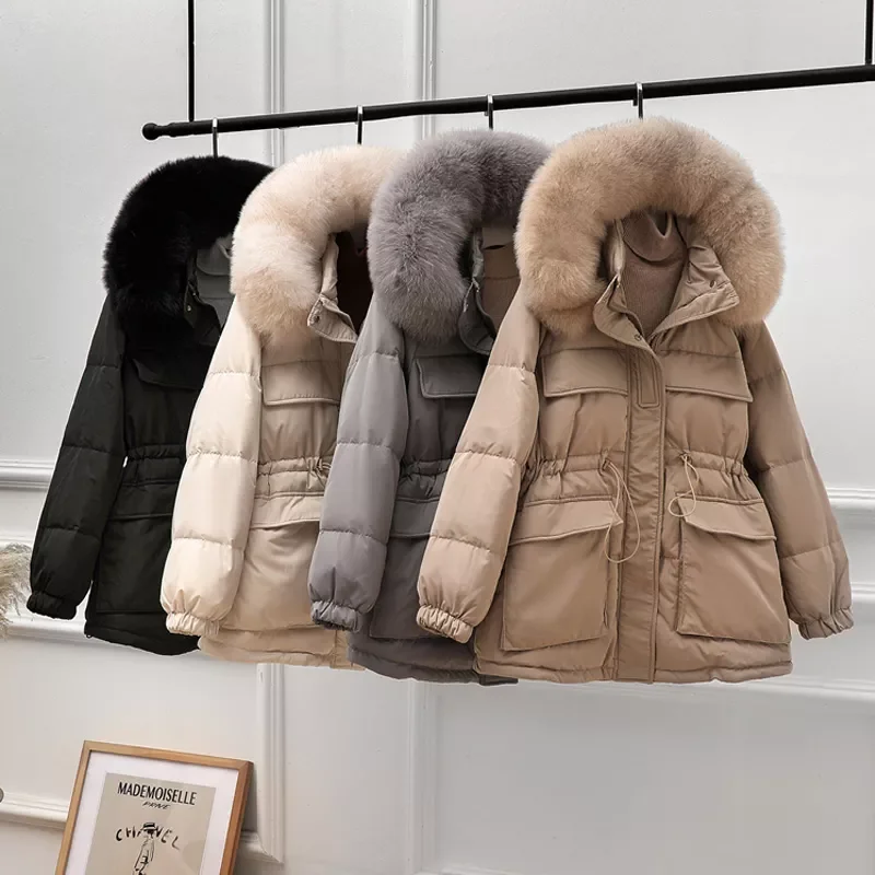 

2022NEW White Duck Down Coat Winter Women 2021 Fashion New Hooded Fur Collar Thicken Warm Feather Clothing Female Parka Overcoat