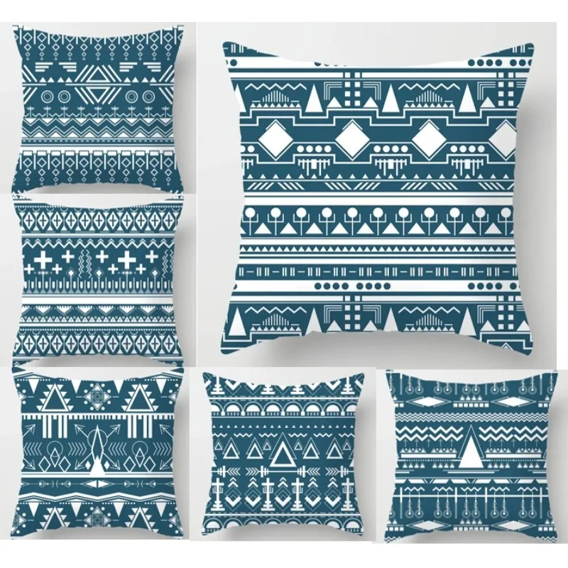 

Bohemia Geometry Cushion Cover Indian Ethnic Blue Pillowcase Striped Mystery Pattern Aesthetics Pillow Cover for Sofa Bed DF1697
