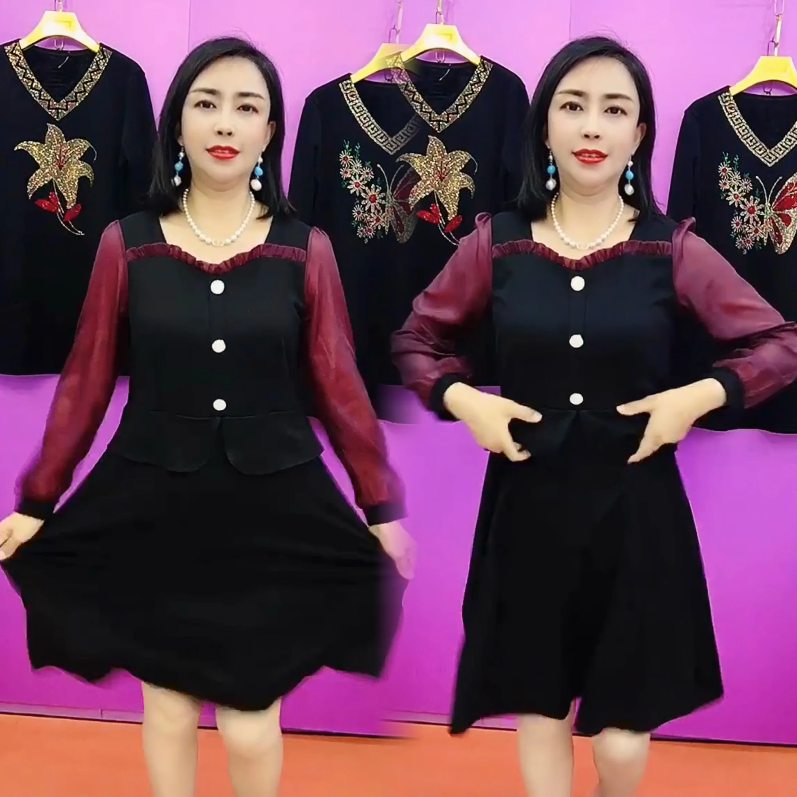 Модное зимнее платье средней длины для мам среднего возраста новое лоскутное с