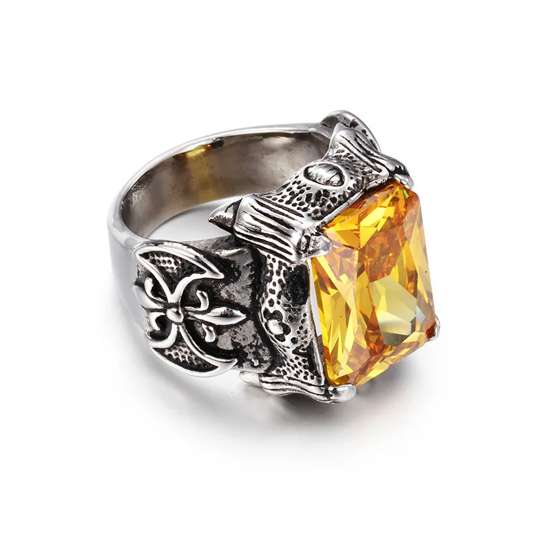 Stainless Steel Jewelry Vintage Silver Waterproof Yellow Citrine Diamond Gem Stone Gemstone Sultan Turkish Male Ring for Men