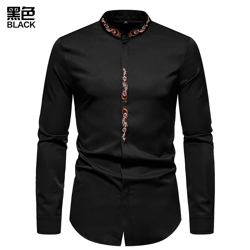 Camouflage Phoenix Flower Embroidery Stand Collar Shirt Trend Repair Trend Men's Shirts Fashion Men's Shirts 2022 New Hot Sale