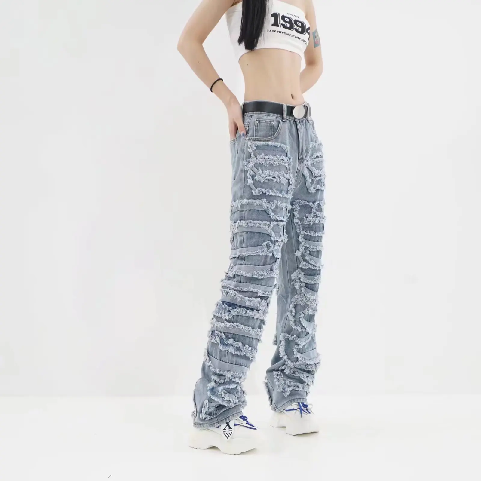 

Retro Hole Ripped Distressed Jeans for Men and Women Straight Ripped Hole Washed Baggy Casual Denim Trousers y2k baggy jeans
