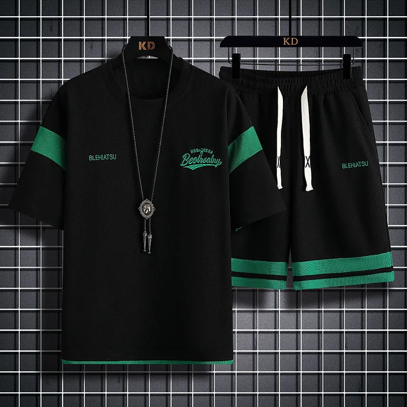 Waffle Shorts Suit Men's Summer Ice Silk Short Sleeve Men's Suit with Handsome Fashion Brand Casual Sportswear